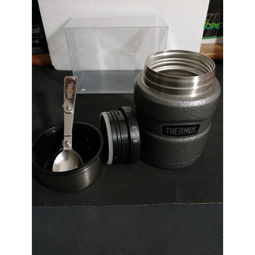 Thermos Stainless Steel 16oz Cup w/Spoon Hammered Grey Lunch Soup Container